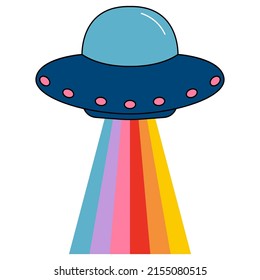 Cartoon UFO with a rainbow on white background. Aliens spaceship. Vector illustration.