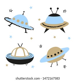 Cartoon UFO set. Vector spaceships illustration for kids.