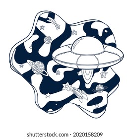 Cartoon UFO in Space Coloring Page. Line art Flying Saucer and stars sketch. UFO illustration for coloring book, logo, print, nursery decor, Sticker, Card