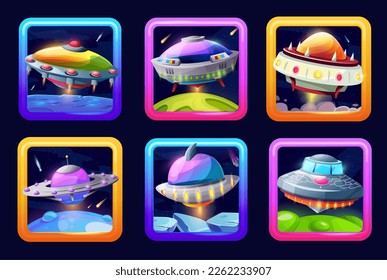 Cartoon ufo space game app icons. Vector alien saucers ui or gui menu elements for application interface. Futuristic fantasy cosmic engines inside of square frames, galaxy buttons set