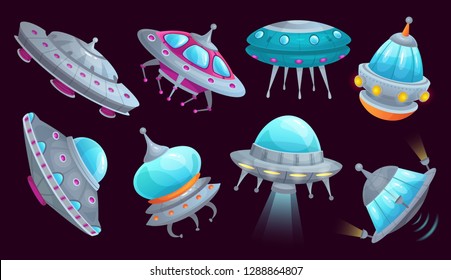 Cartoon ufo spaceship. Alien spacecraft futuristic vehicle, space invaders ship and flying saucer. Martian aliens ships or ufo invader skies attack. Cosmic isolated icons vector set