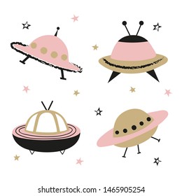 Cartoon UFO spaceships set. Vector illustration for kids.