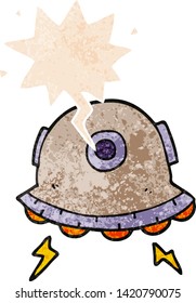 dibujos animados de OVNI con burbuja de habla en un estilo retro angustiado con textura estrafalaria