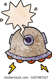 cartoon UFO with speech bubble in retro texture style