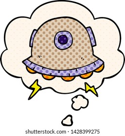 cartoon UFO with thought bubble in comic book style