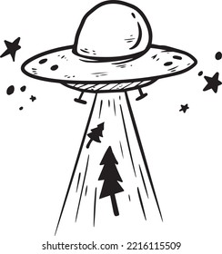 Cartoon UFO vector black and white illustration