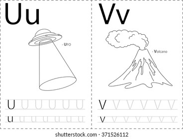 Cartoon UFO and volkano. Alphabet tracing worksheet: writing A-Z, coloring book and educational game for kids