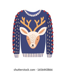 Cartoon ugly Christmas sweater with deer head image isolated on white background. Knitted winter warm clothes with wild horned animal portrait vector flat illustration. Cozy seasonal clothing