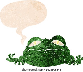 cartoon ugly frog with speech bubble in grunge distressed retro textured style