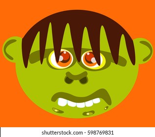 Cartoon ugly green monster face on orange background.