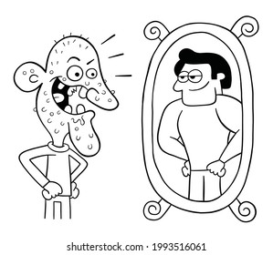 Cartoon ugly man looks in the mirror and thinks he's so handsome, vector illustration. Black outlined and white colored.