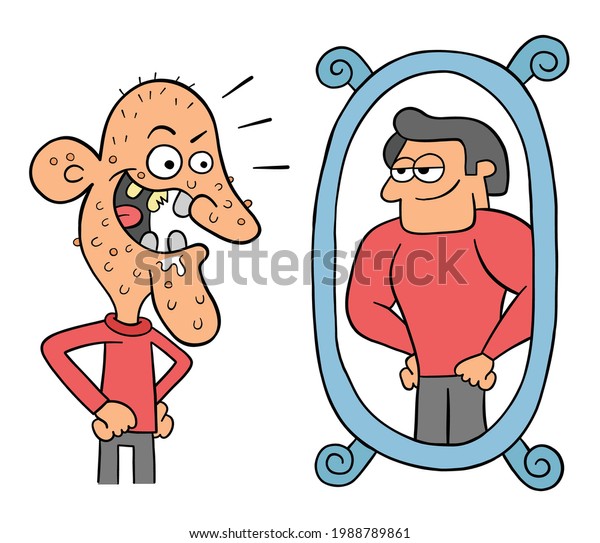 Cartoon ugly\
man looks in the mirror and thinks he\'s so handsome, vector\
illustration. Black outlined and\
colored.