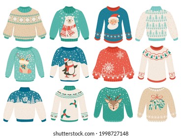 Cartoon Ugly Sweaters. Warm Winter Clothes With Ornaments, Santa, Penguin, White Bear. Christmas Holiday Knitted Sweater And Jumper Vector Set. Reindeer And Holly Berries Decoration