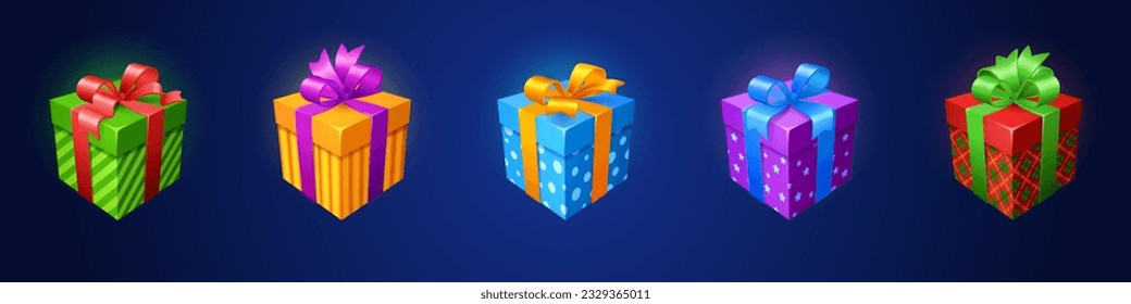 Cartoon ui mobile game ribbon gift box icon vector design. Mystery present package set for level reward or surprise trophy asset with bow. 2d casino achievement clipart. Challenge progress loot