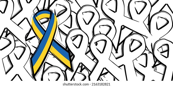 Cartoon Ukraine wave ribbon. Logo symbolBleu and yellow ribbon. Mourning Ribbon Flag. Ukraine and Russia military conflict. Solidarity, the world is walling in love with Ukraine. 