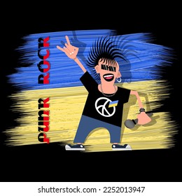 Cartoon Ukrainian punk rock singer. A screaming guy with a mohawk haircut, in jeans and a t-shirt, with a microphone, with a rocker gesture on a blue-yellow background. Vector.