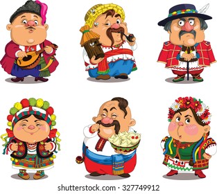 Cartoon Ukrainians . Funny, travesty cartoon. Characters. Ukrainians set. Isolated objects. 