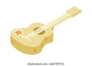 Cartoon Ukulele Guitar Illustration. Cute ukulele guitar with star sticker in flat cartoon style. Hand-drawn beige instrument isolated on white background.