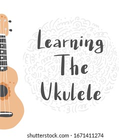 Cartoon ukulele with lettering text for ukulele course, channel, logo design. Small guitar of hawaii style. Vector illuatration of hand drawn style.