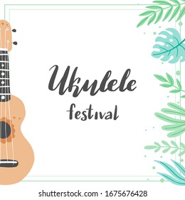 Cartoon ukulele with lettering text for summer, music poster template design. Small guitar with tropic leaf, floral decoration of hawaii style. Vector illuatration of hand drawn style.