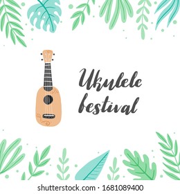 Cartoon ukulele with lettering text for summer, music poster template design. Small guitar with tropic leaf, floral decoration of hawaii style. Vector illuatration of hand drawn style.