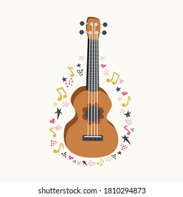 Cartoon ukulele with lettering text for summer, music poster template design. Small guitar with four-string guitar with notes, treble clefs. hand drawn style.