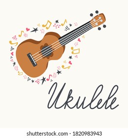 Cartoon ukulele with lettering text for summer, music poster template design. Small guitar with four-string guitar with notes, treble clefs, inscription. hand drawn style.