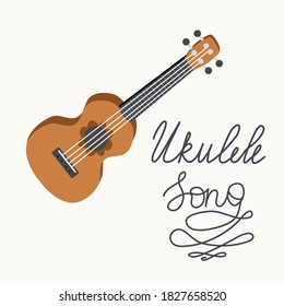 Cartoon ukulele with lettering text for summer, music poster template design. Small guitar with four-string guitar. hand drawn style.