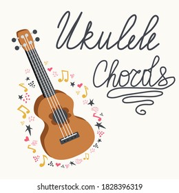 Cartoon ukulele with lettering text for summer, music poster template design. Small guitar with four-string guitar with notes, treble clefs, inscription Love music. hand drawn style.