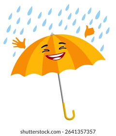 Cartoon umbrella character with face and cute happy smile. Cartoon umbrella mascot. Rainy weather rain protection. Umbrella character enjoys summer rain. Vector illustration original artwork