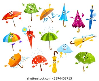 Cartoon umbrella characters with face and cute funny happy smile, vector emoticons. Cartoon umbrella emoji under rain weather and storm cloud, cute rainbow parasol in wind hurricane with thumb up