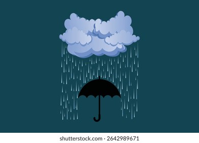 Cartoon umbrella with rain falling from sky, vector pastel design in flat style, weather background for creative children’s illustration and seasonal decor

