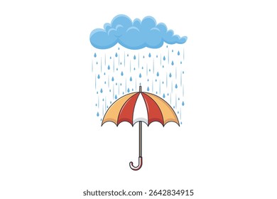 Cartoon umbrella in rainy weather, flat vector illustration with falling droplets, pastel-colored design for kids themes, seamless use, and decorative digital artwork

