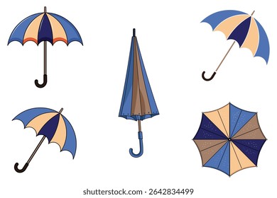 Cartoon umbrella set in vibrant pastel colors, vector weather elements for kids, seamless and fun rainy season illustrations, minimal rain gear collection for apps, fabric, posters, and cards

