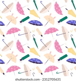 Cartoon umbrellas seamless pattern. Autumn umbrella, closed and open seasonal accessories. Fashion decorative fabric print racy vector design