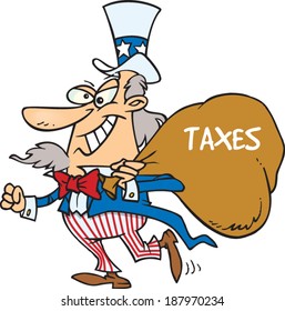 cartoon uncle sam carrying a bag of taxes