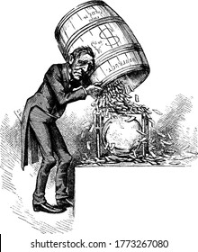 Cartoon of Uncle Sam Emptying Barrel full of money on ballot box during election days, vintage line drawing or engraving illustration.