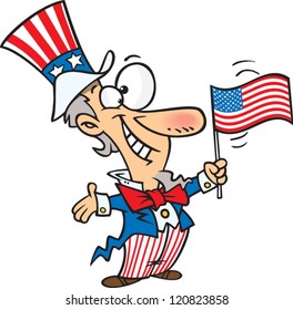 cartoon uncle sam waving and american flag