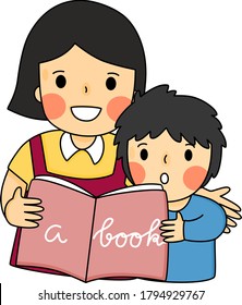 Cartoon of unconditional love between mother and boy are reading a book. Simple cute hand draw line vector and minimal icons flat style Character illustration.