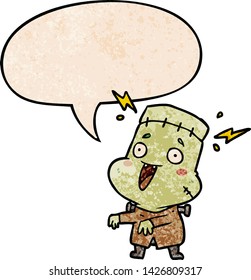 cartoon undead monster creation man with speech bubble in retro texture style