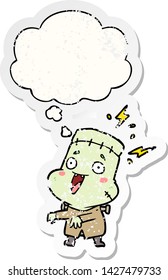 cartoon undead monster man with thought bubble as a distressed worn sticker