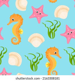 Cartoon undersea background. Seamless pattern with cute funny starfish, seahorse, green seaweed and sea shell on blue. Vector flat illustration. 