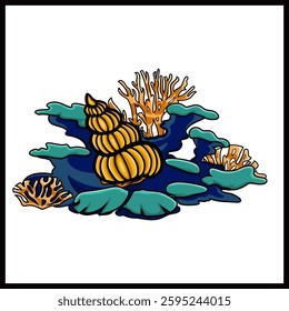 Cartoon undersea coral reefs and seashells on white background