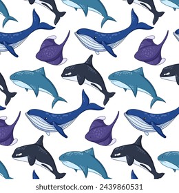 Cartoon undersea and ocean animals seamless pattern. Wild marine creatures life shark, blue whale, stingray and killer whale. Vector illustration on a white background.