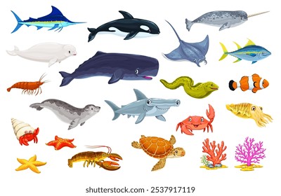 Caracteres subaquáticos de animais e peixes. Lindos personagens de vetor de vida marinha e oceânica. Tartaruga marinha, baleia, tubarão-martelo e orca, caranguejo engraçado, estrelas-do-mar, arraia, narval, camarão e corais