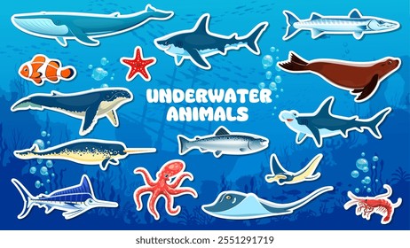 Desenhos animados com adesivos de animais e peixes subaquáticos, vida marinha e oceânica. Baleias-azuis e espermatozoides, polvos, tubarões e estrelas-do-mar, arraias, focas e narvais, salmões, espadim, lúcios e camarão, animais subaquáticos