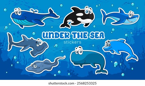 Cartoon underwater animal stickers. Blue whale, killer whale and sharks, manta ray and dolphin vector characters swimming in tropical ocean water waves with coral reef. Underwater animal stickers pack