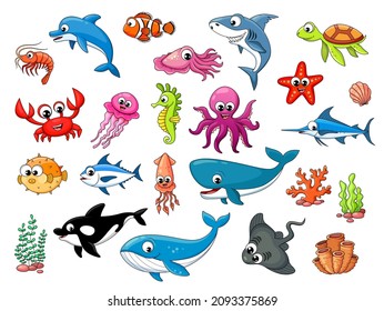 Cartoon underwater animals characters, vector fishes of ocean or sea. Funny undersea fishes and coral reef or aquarium creature, octopus and starfish with dolphin, shark and jellyfish with turtle