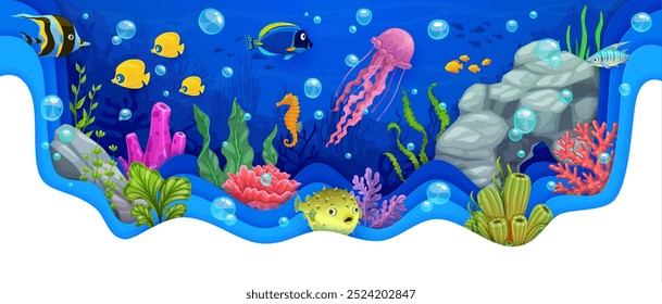 Cartoon underwater animals and seaweeds, paper cut sea landscape with waves, tropical fishes and coral reef. 3d vector wavy frame with mesmerizing ocean bottom scene filled with colorful marine life