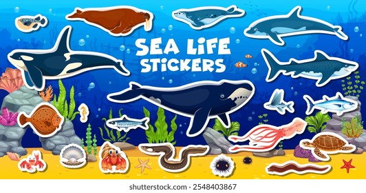 Cartoon Unterwasser Tiere Aufkleber Pack von Leben im Meer, Vektor Unterwasser Fische gesetzt. Lustige Unterwasser- und Untersee-Zeichentrickfiguren Aufkleber von Hai und Delfin mit Tintenfisch, Krabbe oder Thunfisch und Seepferdchen